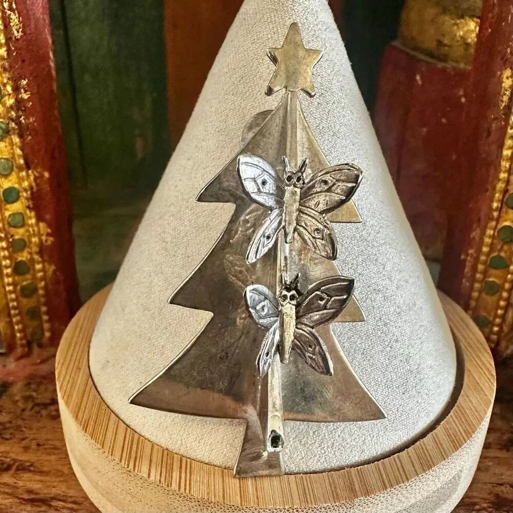 Emilia Cashill 1997 Silver-Tone Christmas Tree Brooch with Butterflies